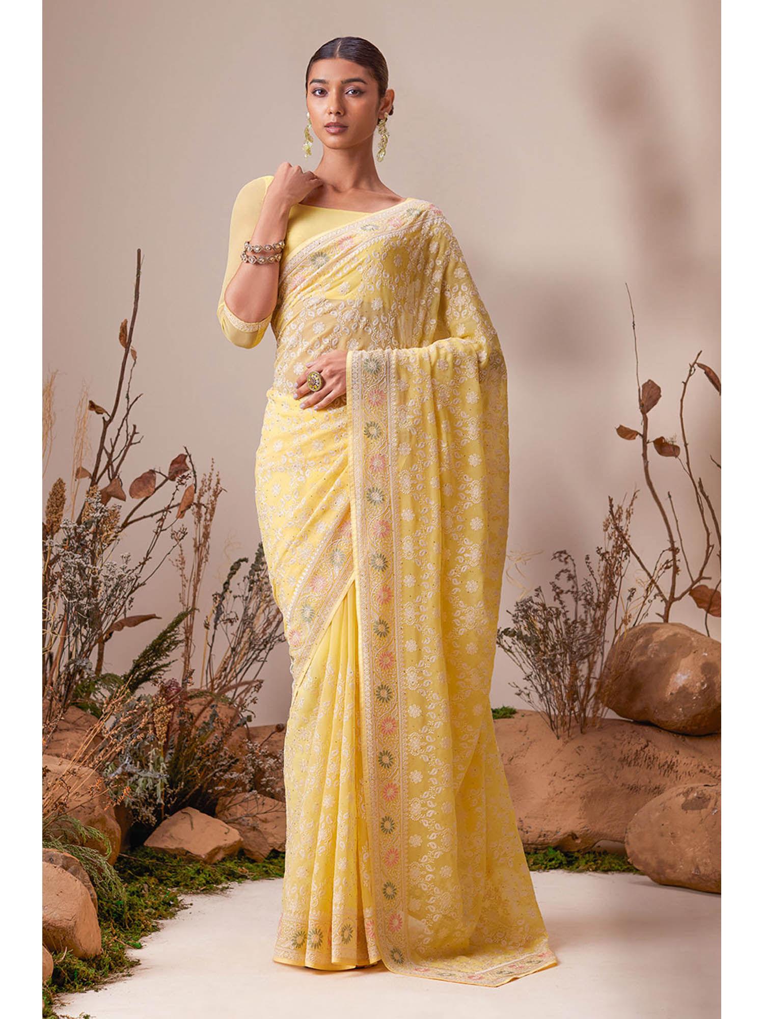 yellow georgette floral embroidery and stones saree with unstitched blouse