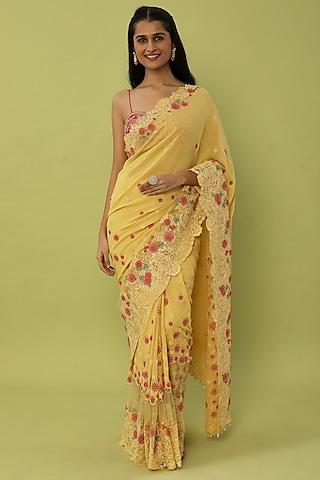 yellow georgette floral hand embroidered saree set