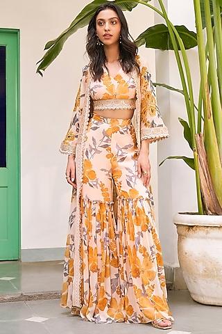 yellow georgette floral printed cape set