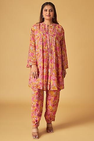 yellow georgette floral printed tunic set