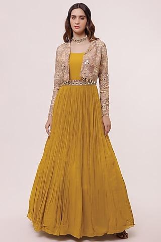 yellow georgette gown with jacket