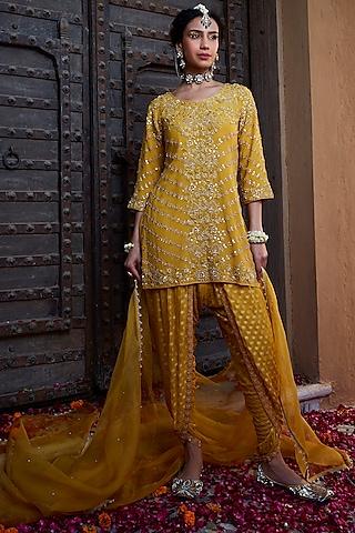 yellow georgette hand embroidered kurta set