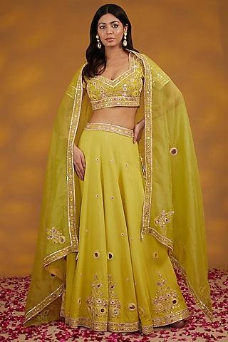 yellow georgette hand embroidered lehenga set