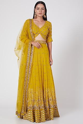 yellow georgette hand embroidered lehenga set