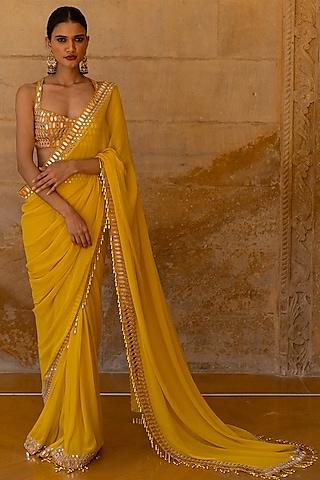 yellow georgette hand embroidered saree set