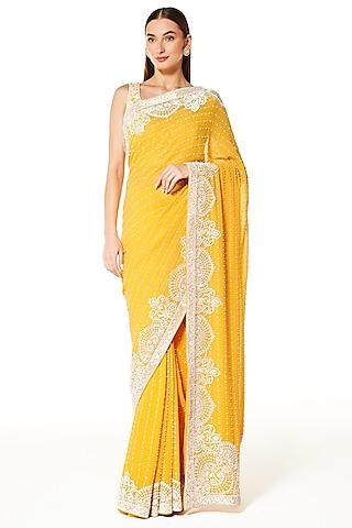 yellow georgette hand embroidered saree set
