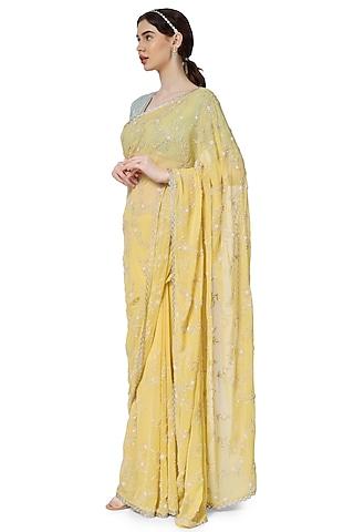 yellow georgette hand embroidered saree set