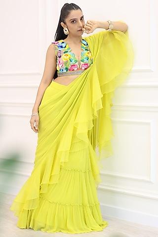 yellow georgette layered ruched pant saree set