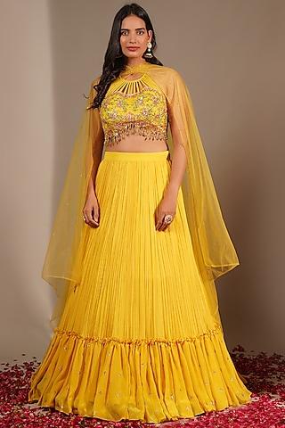 yellow georgette lehenga set