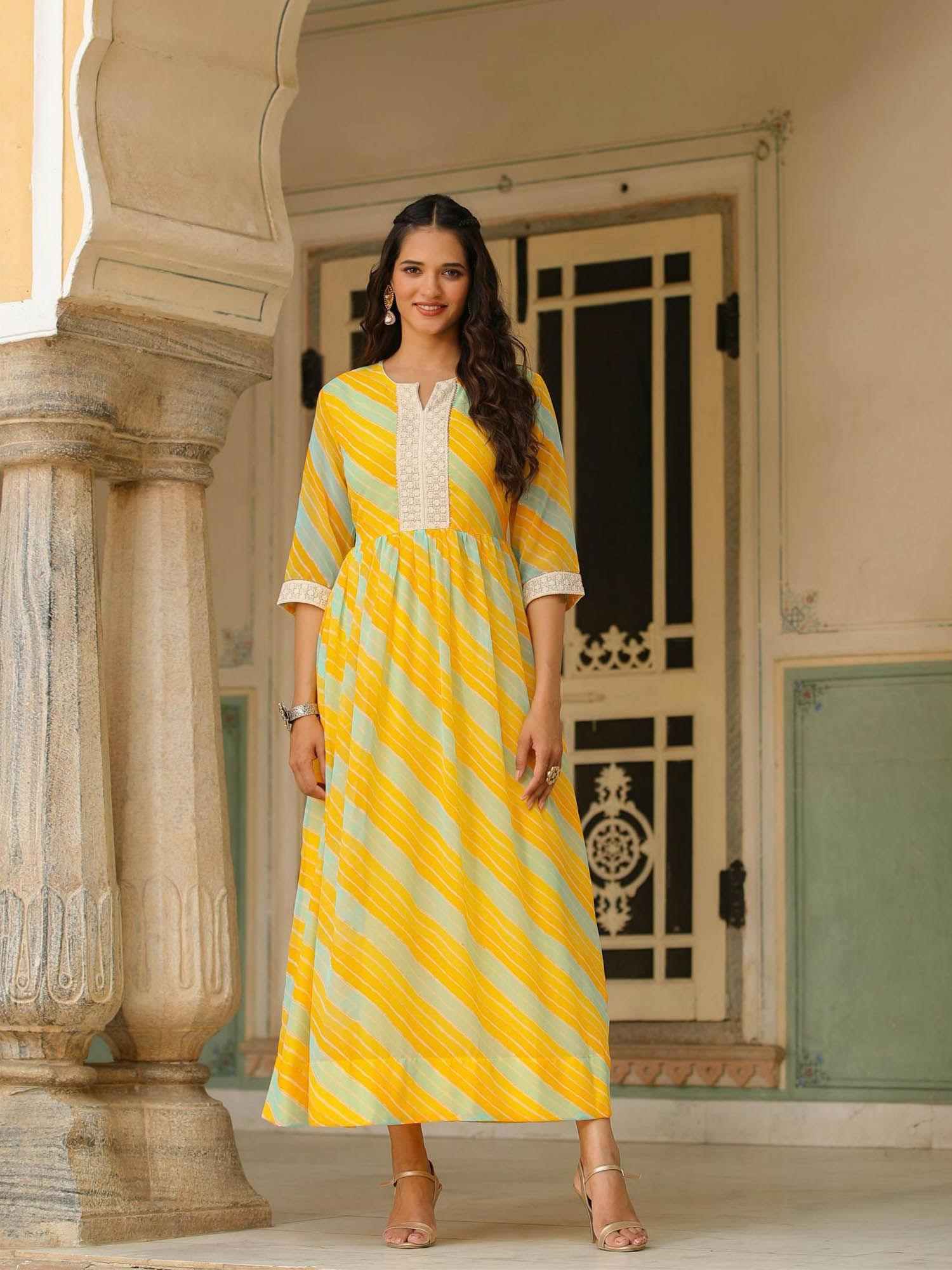 yellow georgette leheriya flared ethnic dress