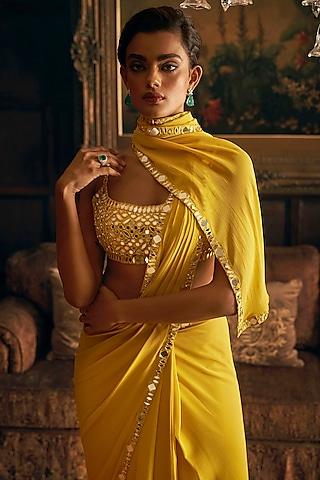 yellow georgette mirror embroidered pre-draped saree set