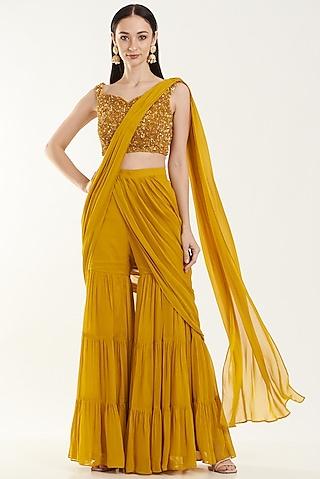 yellow georgette pant saree set