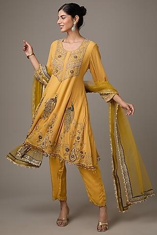 yellow georgette peacock motif dori hand embroidered anarkali set