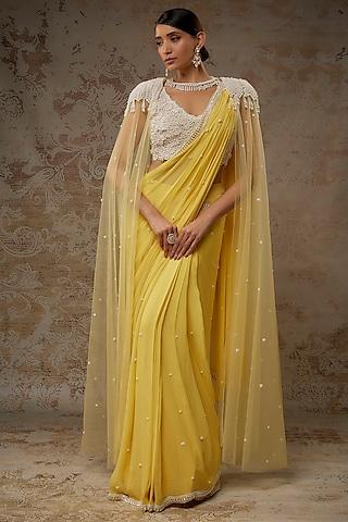 yellow georgette pearl embroidered jacket saree set