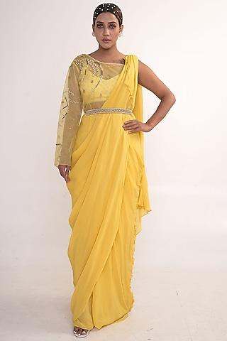 yellow georgette pre-draped saree set