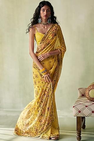 yellow georgette printed & crystal embellished saree set