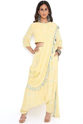yellow georgette printed draped pant saree set