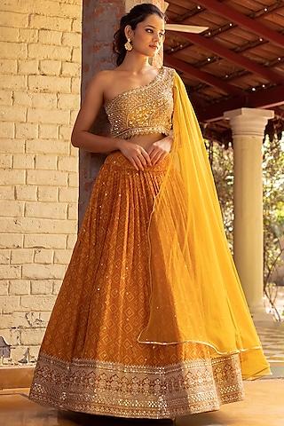 yellow georgette printed lehenga set