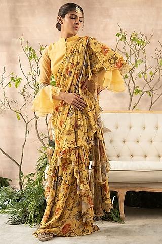yellow georgette printed pre-draped saree set