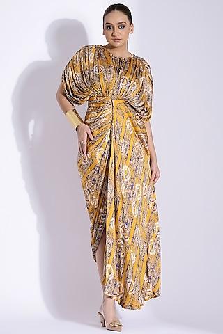 yellow georgette satin digital printed hand draped kaftan gown