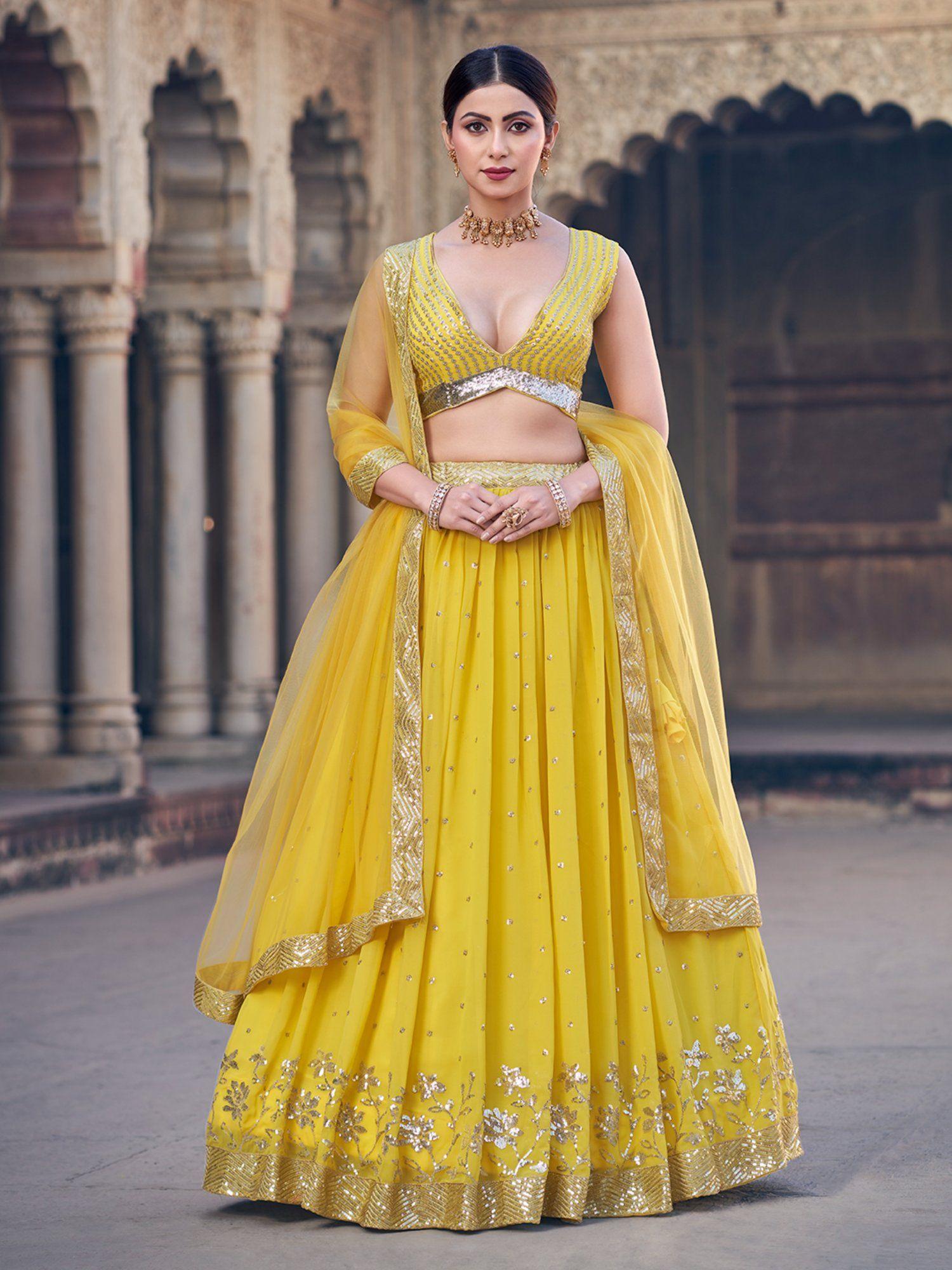 yellow georgette semi-stitched lehenga and unstitched blouse with dupatta (set of 3)