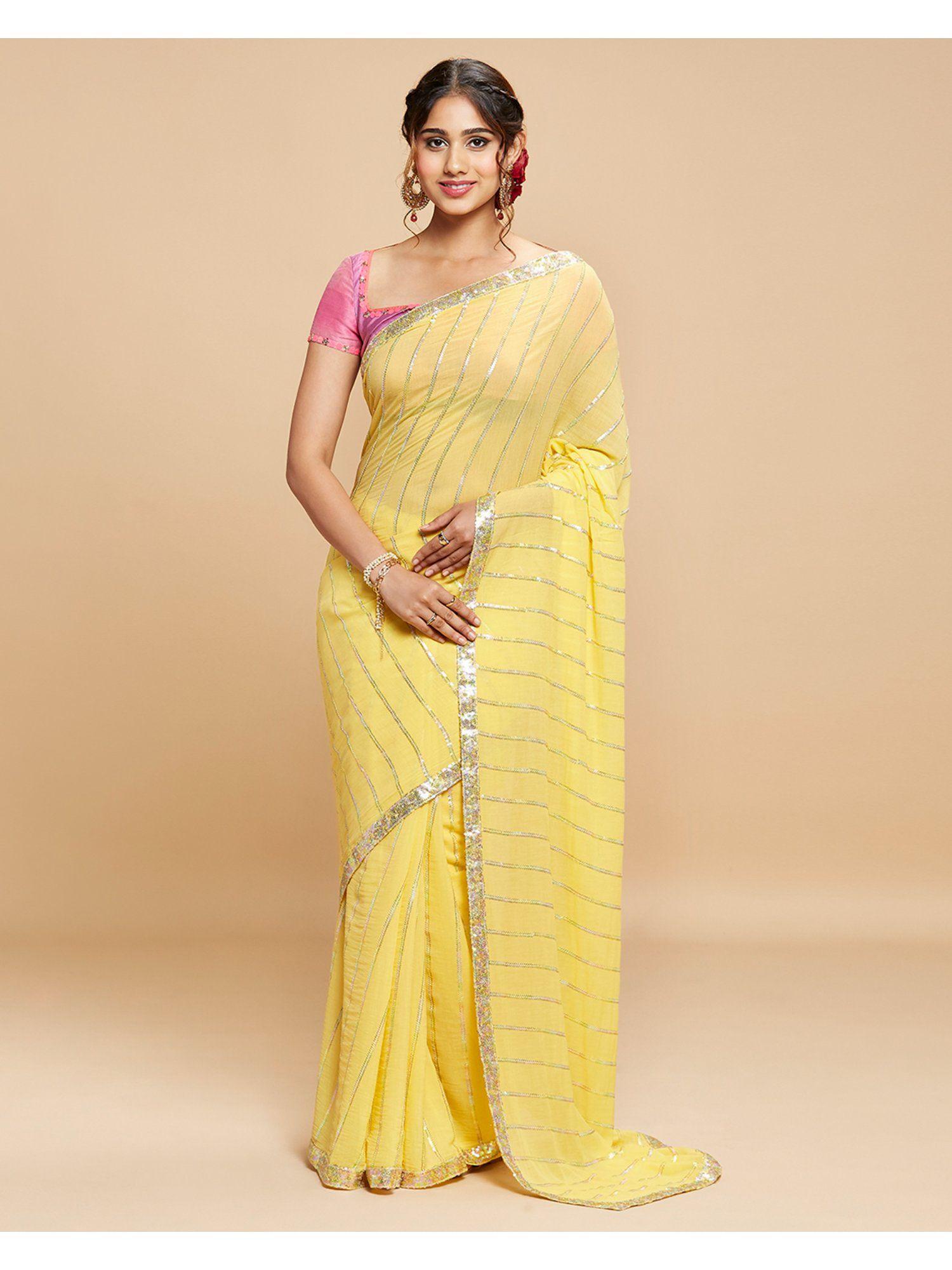 yellow georgette sequined stripes saree with unstitched blouse