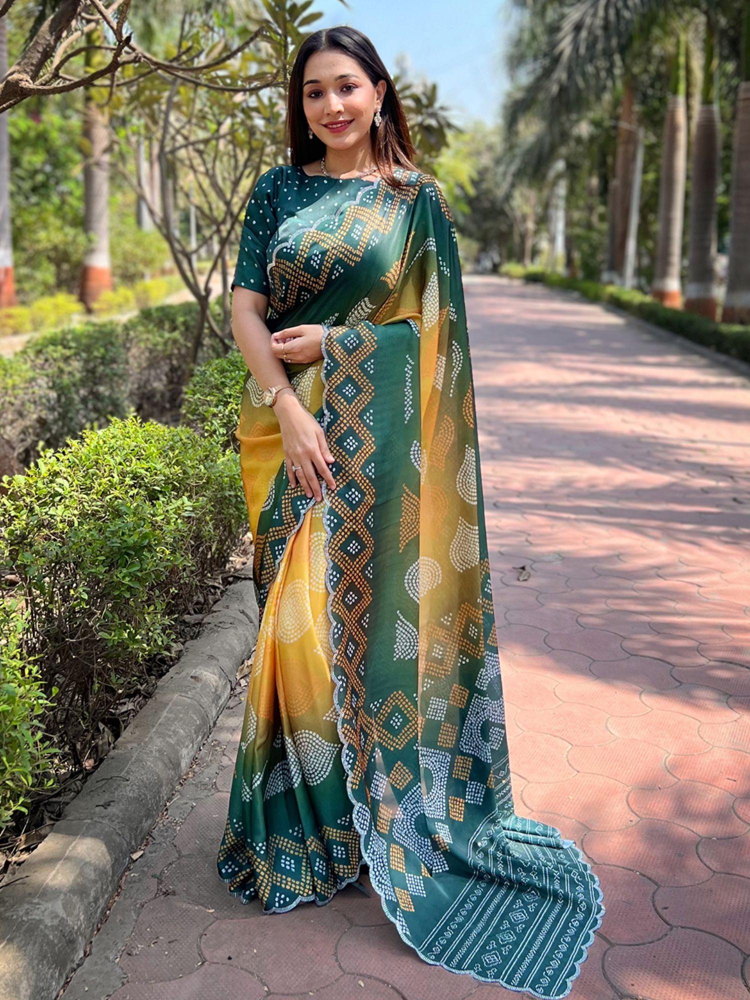 yellow georgette silk ombre bandhani print saree with unstitched blouse