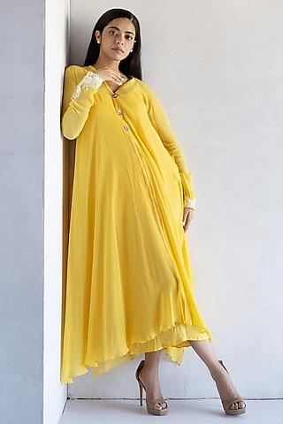yellow georgette thread embroidered a-line dress