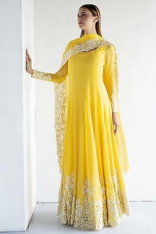 yellow georgette thread embroidered anarkali set