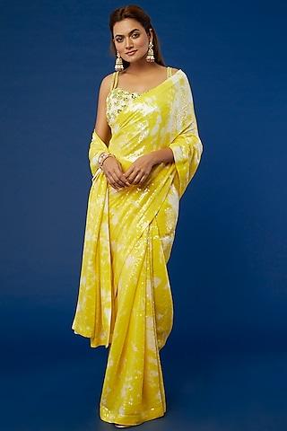 yellow georgette tie-dye print & sequins work saree set