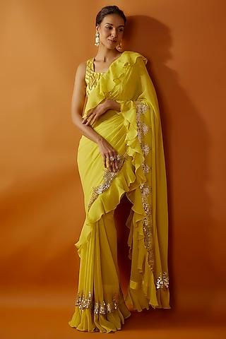 yellow georgette tikki embroidered frilled saree set