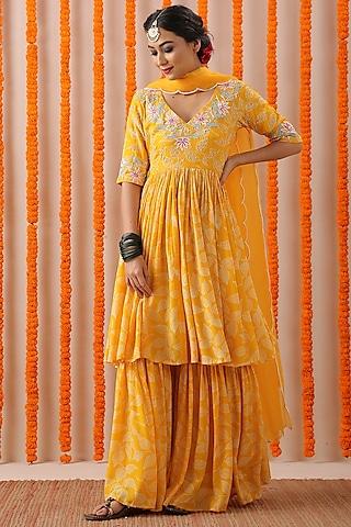 yellow gharara set with hand block print