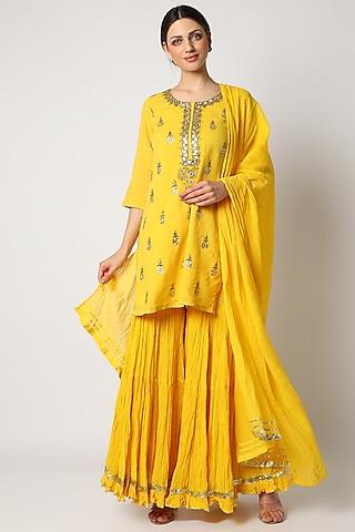 yellow gharara set with mirror work