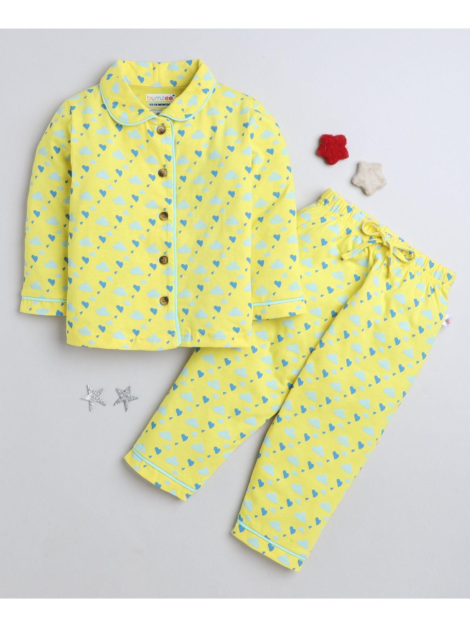 yellow girls full sleeves cotton shirt with pyjama night suit (set of 2)