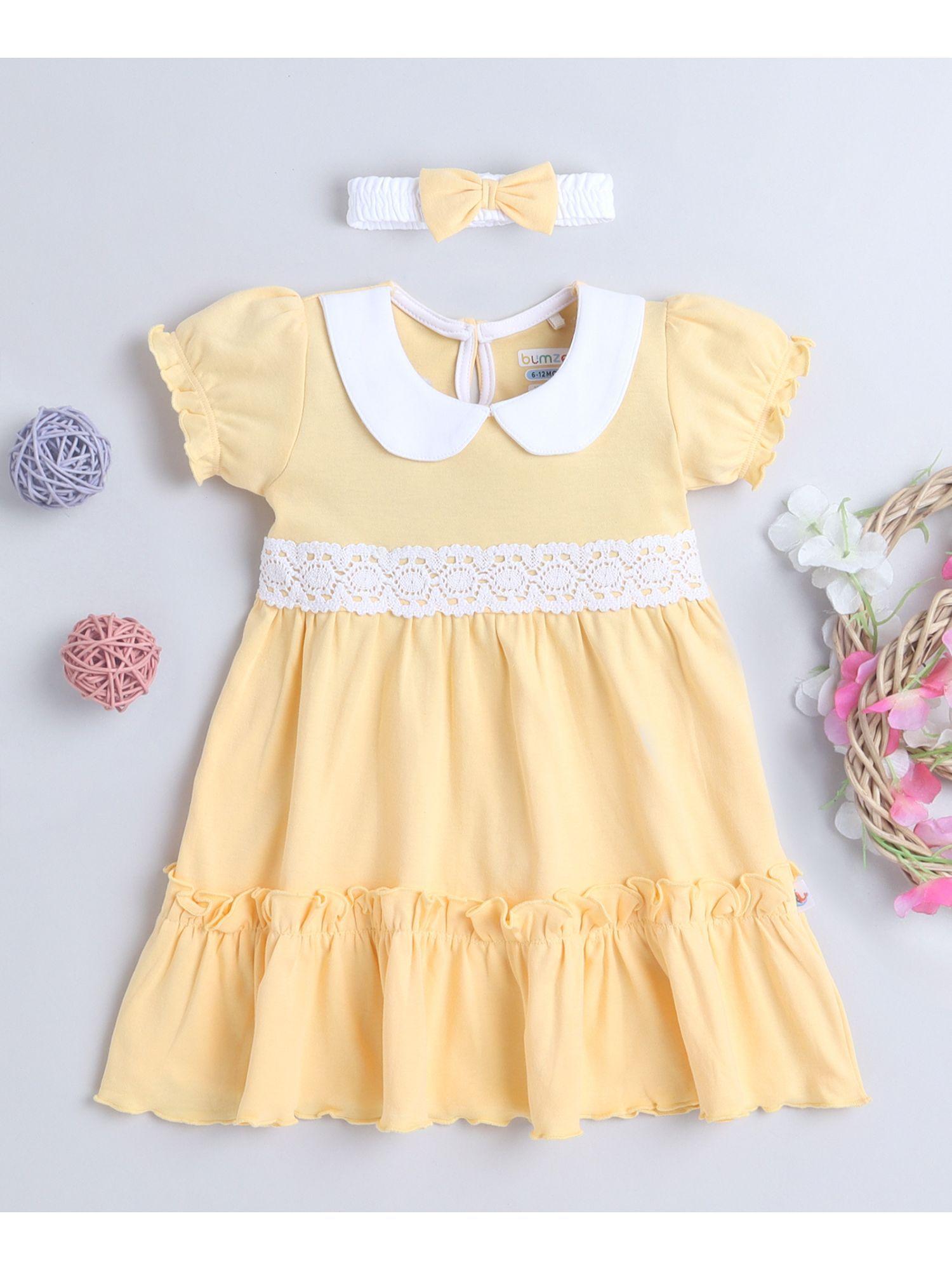 yellow girls half sleeves cotton frock with headband (set of 2)