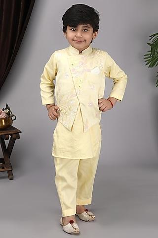 yellow glace cotton embroidered bundi jacket with kurta set for boys