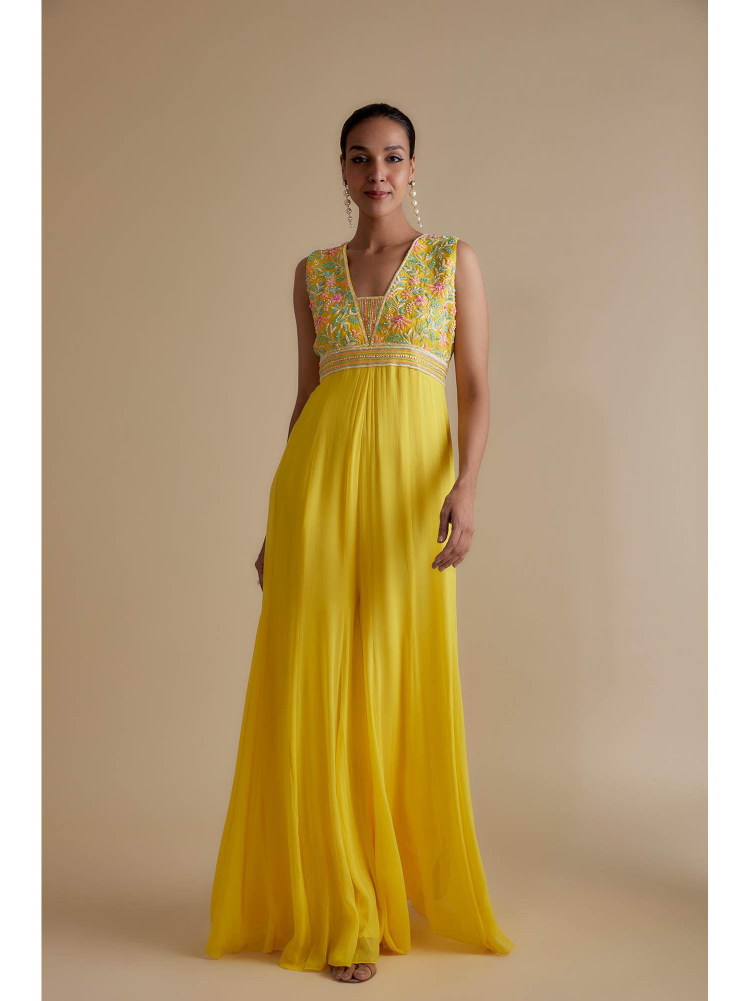 yellow glass bead embellished jumpsuit