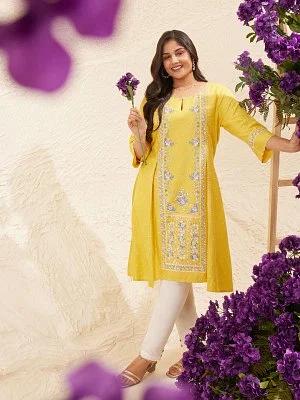 yellow glitter printed plus size a-line kurta