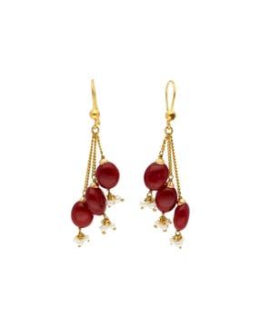 yellow gold ruby pearl dangler earrings