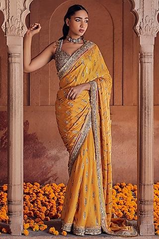 yellow golden raw silk linen satin zari & sequins embroidered saree set