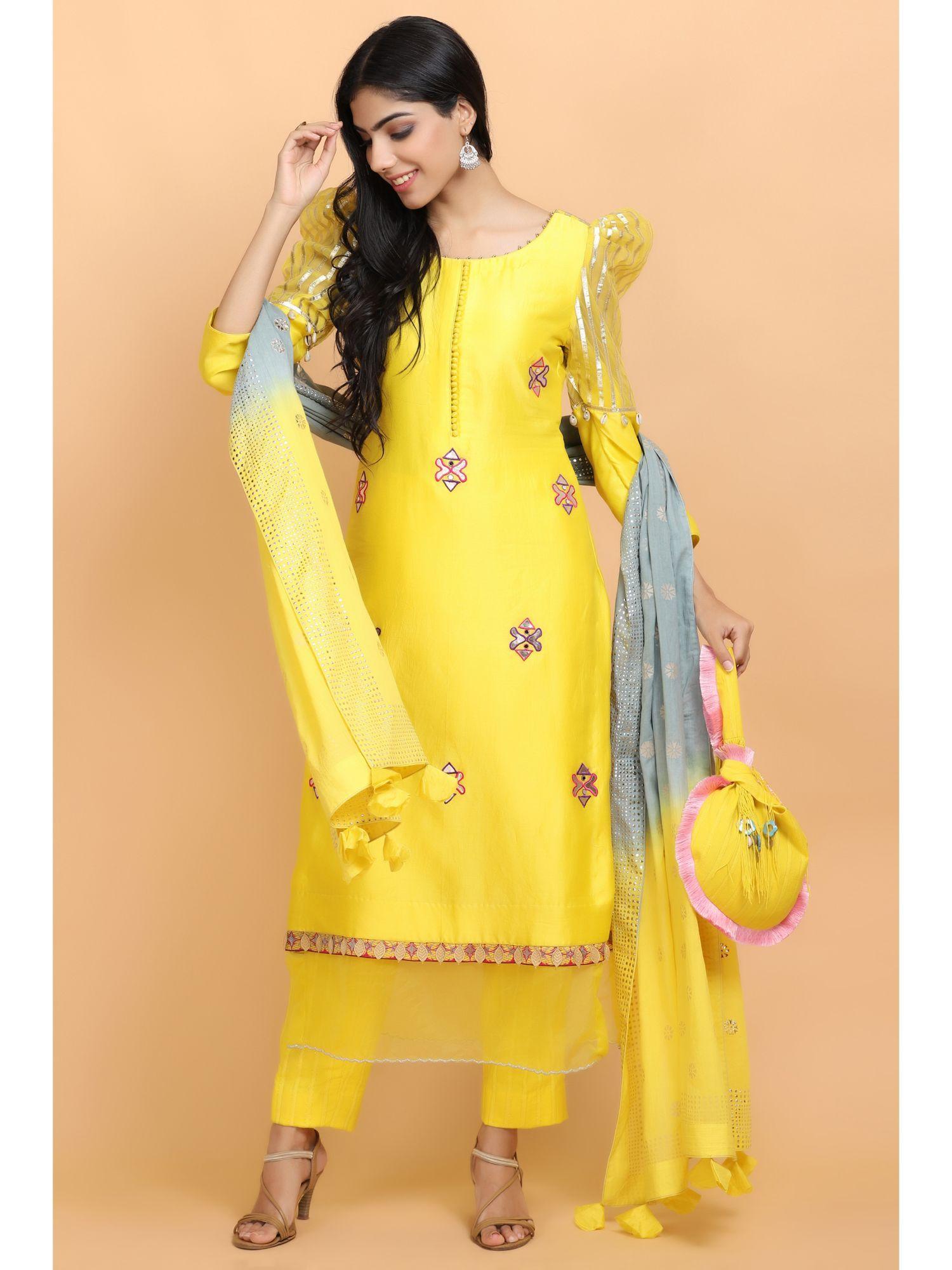 yellow gota chanderi kurta pant with dupatta (set of 3)