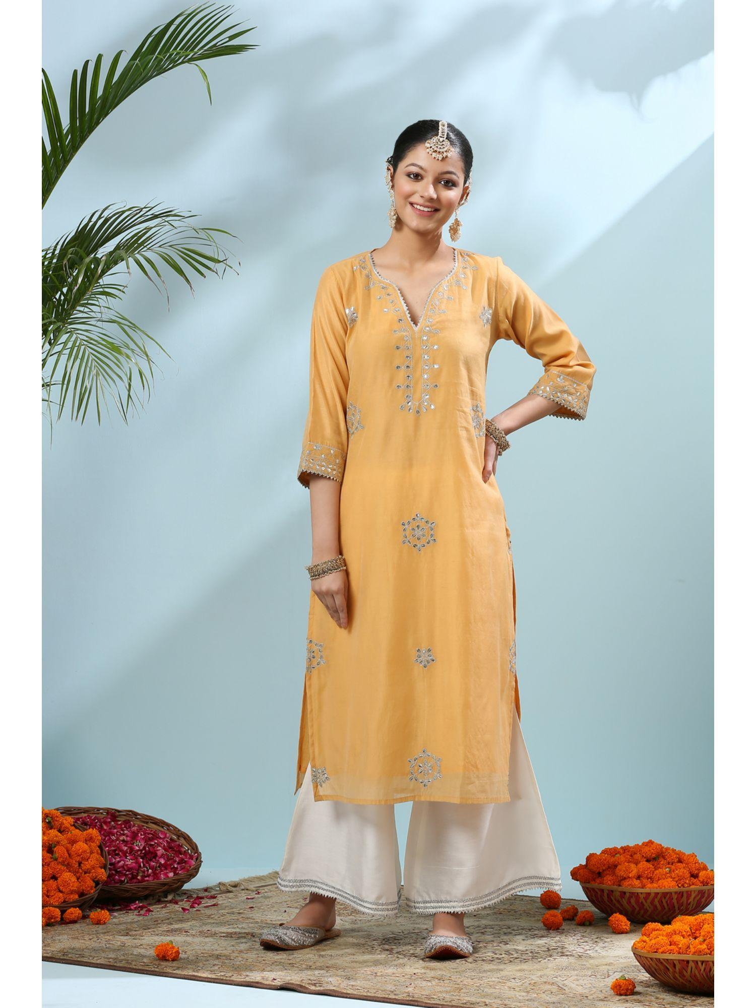 yellow gota patti chanderi kurta