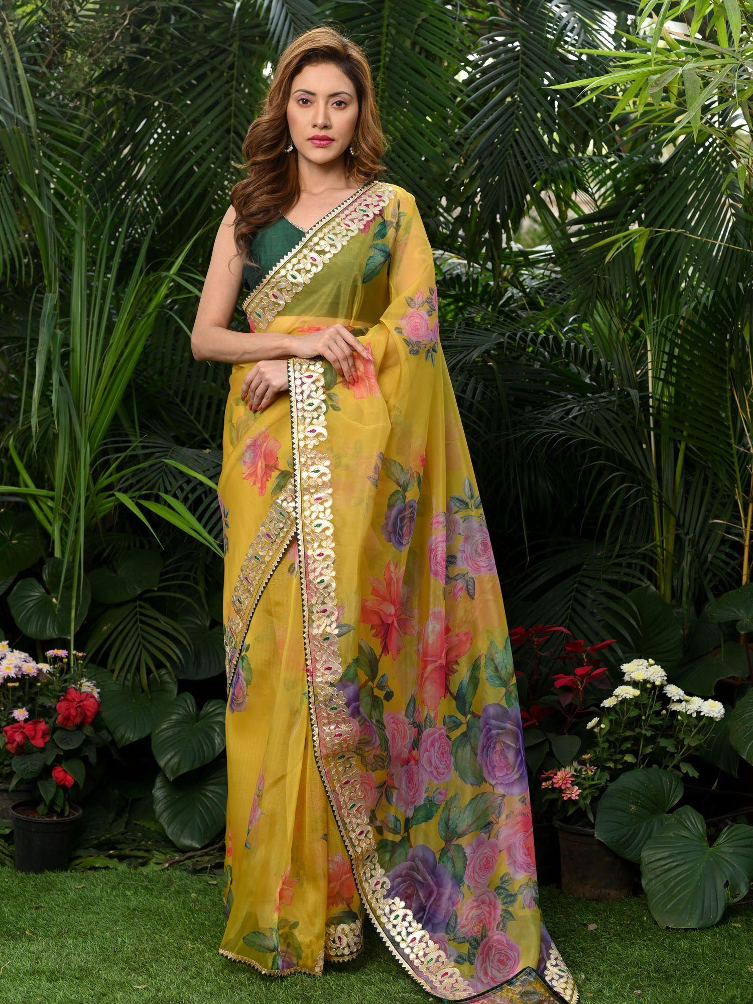 yellow gota work and floral print organza saree with unstitched blouse