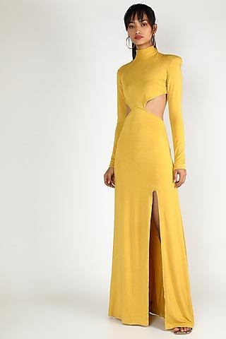 yellow gown with exaggerated shoulders