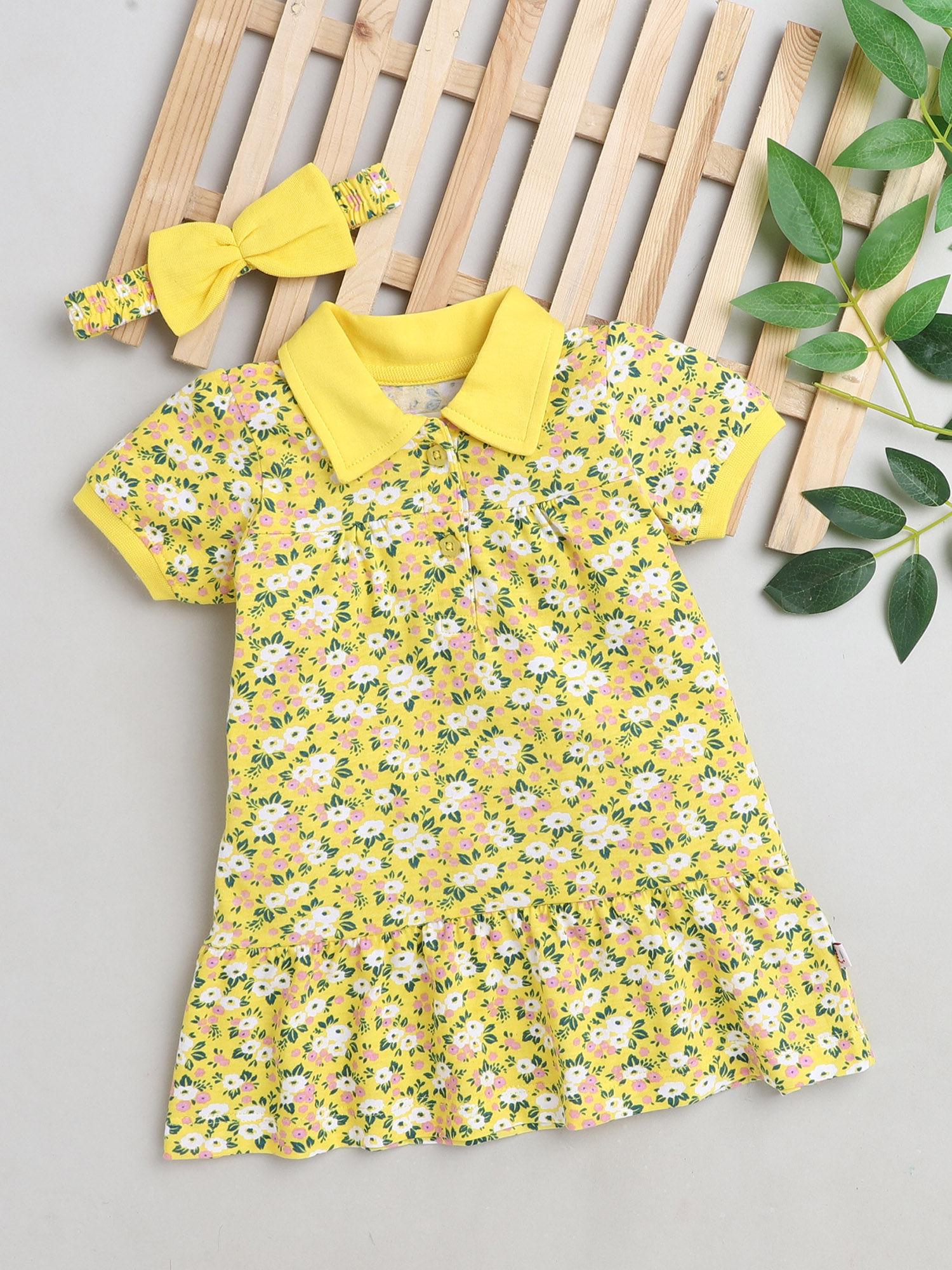 yellow half sleeve cotton floral print girls frock with hair band (set of 2)