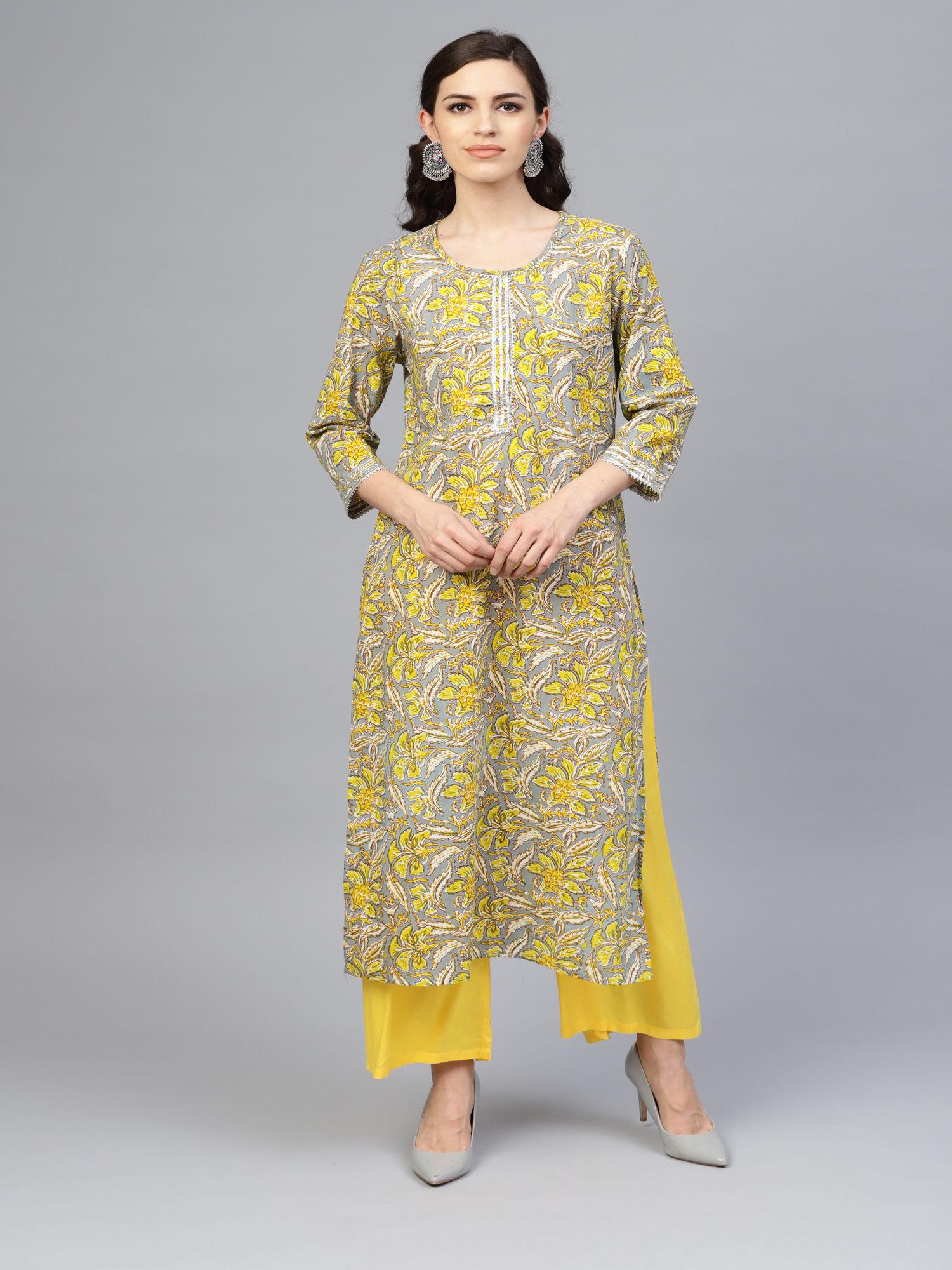 yellow hand block printed straight pure cotton kurta