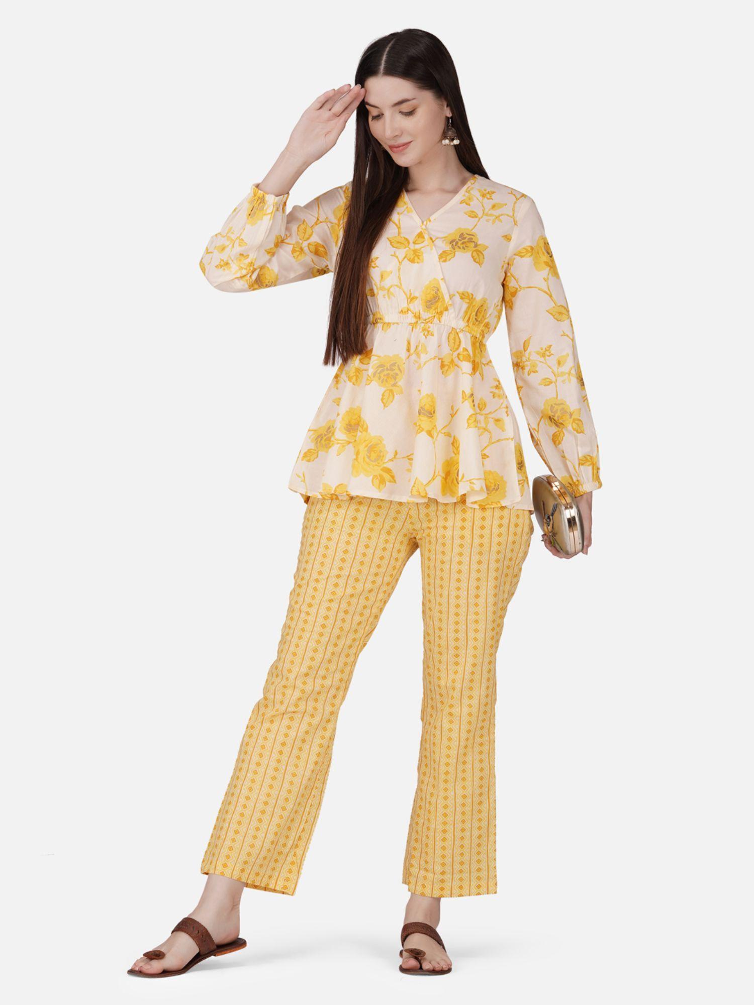 yellow hand block v- neck pure cotton top with trouser co-ord (set of 2)