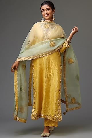 yellow hand crushed silk embroidered kurta set