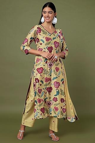 yellow hand embroidered & printed straight kurta set