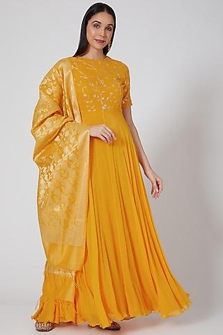 yellow hand embroidered anarkali set